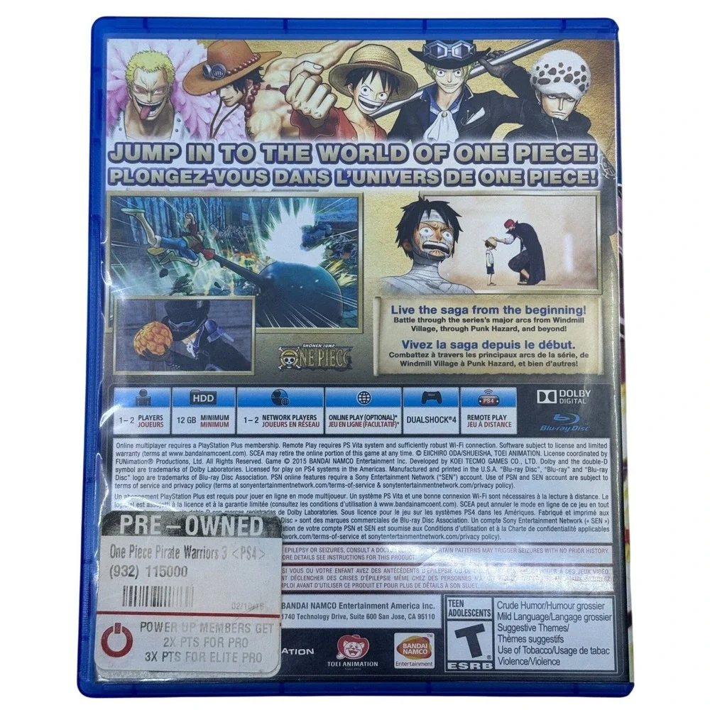 One Piece Pirate Warriors 3 Sony PlayStation 4 PS4 Bandai Namco Action Game